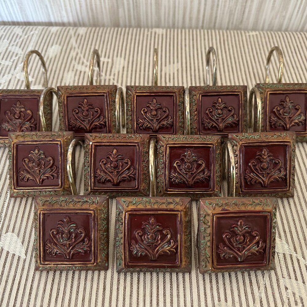 12 Square Shower Curtain Hooks Brown Bronze Green Leaf